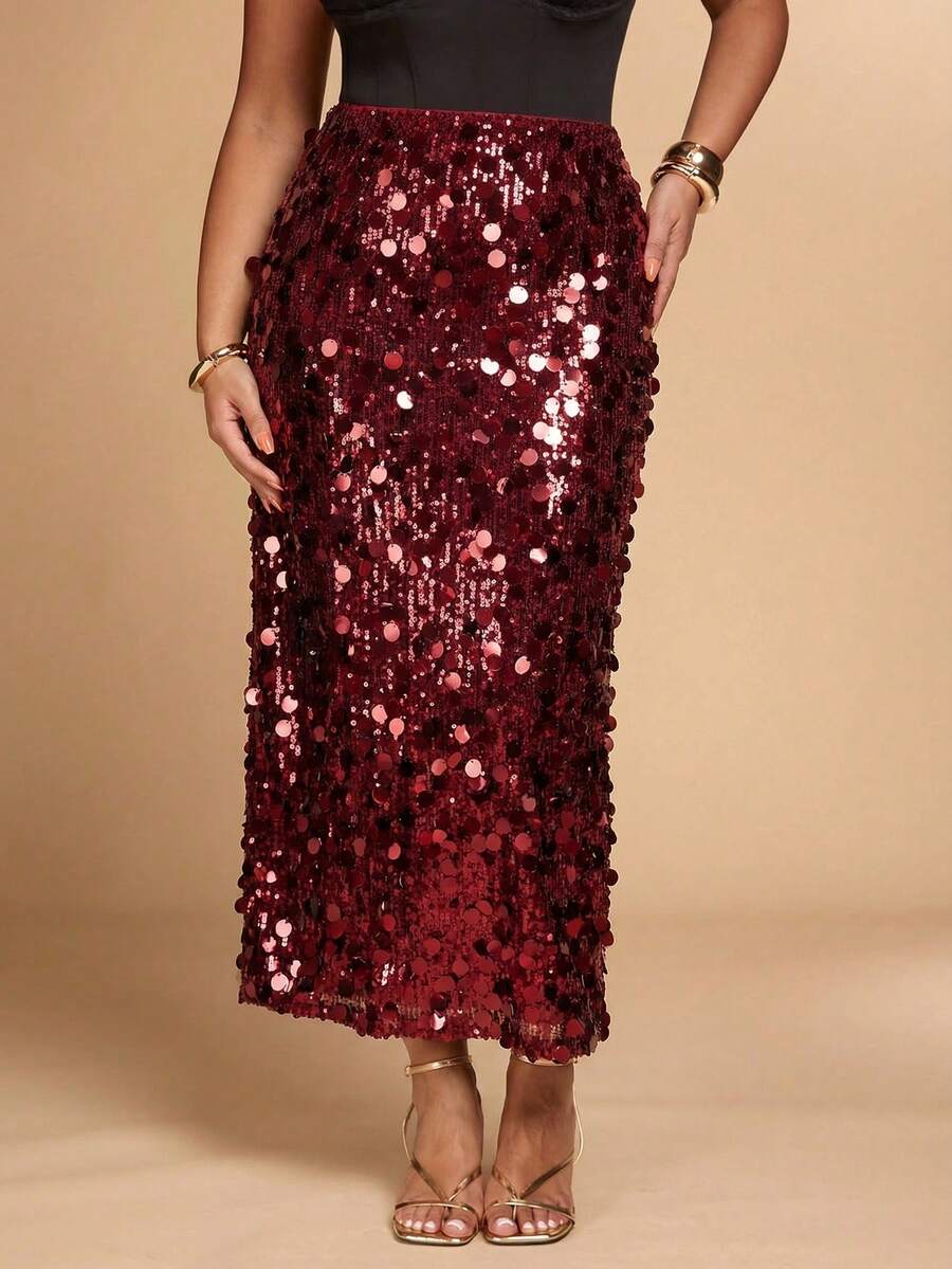 SHEIN BAE Falda con abertura y bajo con lentejuelas de unicolor para mujer de talla grande, de moda para fiestas - Burdeos - Ver 1