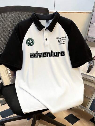 Manfinity Joysei เสื้อโปโลแขนยาว Raglan สีดำและขาว พิมพ์ลายตัวอักษรวิทยาลัยผู้ชาย ขนาดมาตรฐาน เหมาะสำหรับใส่ไปโรงเรียน, เรียน, เที่ยว, เล่นกีฬา, ของขวัญให้เพื่อน