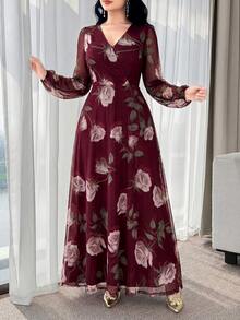 Feyla New Rose Flower Elegant Charming Elegant High-End Cinched Waist Dress For Women - Burgundy - View 4
