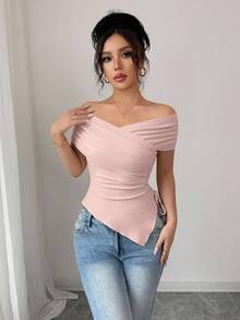 Rafferiza 女士休闲通勤修身露肩短袖T恤，夏季 - 粉色 - 查看 5