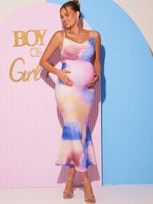 Loomaby 孕妇垂褶领扎染印花鱼尾下摆修身优雅吊带连衣裙 - 彩色 - 查看 11