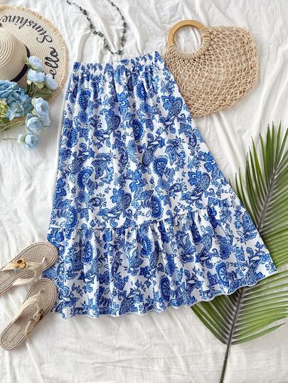 SHEIN ChillGRL تنورة بطبعة زهرية مكشكشة للفتيات المراهقات، مناسبة للارتداء اليومي، الكاجوال، العطلات، الشاطئ، الحفلات