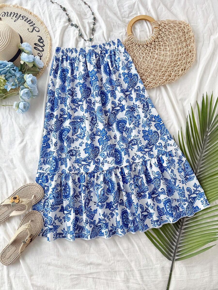 SHEIN ChillGRL 少女休闲宽松度假风印花荷叶边半身裙，适合日常通勤、休闲、度假、海滩、派对等场合。 - 藍色 - 查看 1