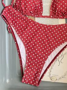 SHEIN Swim Mod 2026春夏女士波点印花挂脖泳衣，高腰泳裤，两件式比基尼套装，红色波点比基尼，度假比基尼，波点比基尼，波点泳装 - 紅色 - 查看 5