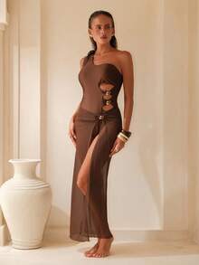 Swim Oasis Solid Color Wireless One-Piece Swimsuit With Cutout Side & Mesh Skirt Set, Beach Holiday Vacation - Coffee Brown - View 4