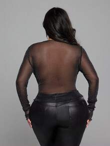 SHEIN Tall CURVE 大码纯色透视性感高领长袖女式衬衫 - 黑色 - 查看 2