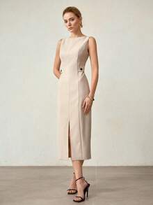 MOTF PREMIUM ELEGANT FITTED SLIT SPLIT THIGH MIDI DRESS, SPRING/SUMMER - Khaki - View 4