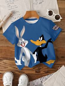 LOONEY TUNES X SHEIN 男童字母卡通图案圆领短袖T恤 - 白色 - 查看 1