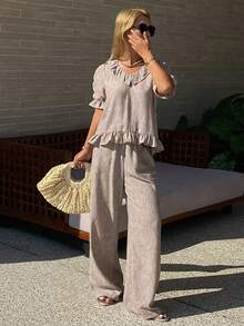 Livesso Women's Ruffled Hem Casual Top And Loose Pants 2 Pieces Set, Summer Holiday - Beige - View 5