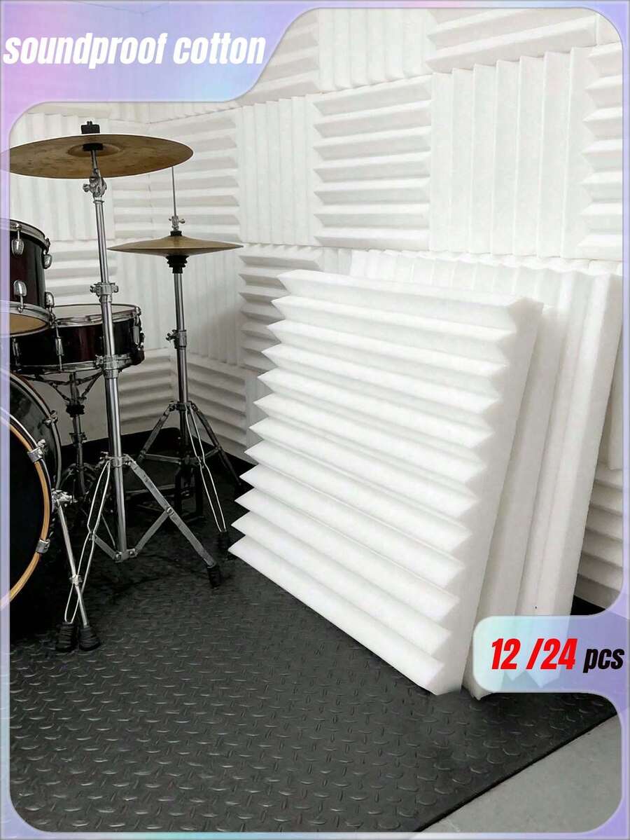12/24 Pieces Of 12 * 12 * 1 Inch Elastic Sound Insulation Foam Board, Suitable For Room And Music Room Wall Decoration And Sound Absorption, Decoration Sticker Peeling Wallboard, Wallpaper, Wallpaper, Spring Decoration Items, Make Your Home A New Look, Holiday Decoration Sticker Gift Birthday Graduation - White - View 1