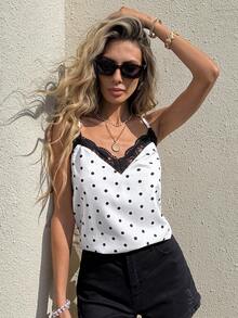 Serisse 女士休闲优雅黑白波点撞色蕾丝刺绣网纱吊带背心，夏季波点上衣，女士外出上衣，情人节女士上衣，海滩女士上衣，生日女士上衣，夏季上衣，夏季，情人节，狂欢节，派对，婚礼，生日，优雅，度假，休闲，夏季上衣，女士狂欢节服装 - 黑與白 - 查看 5