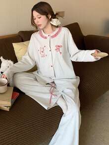 DAZY 2pcs Women Cat & Plaid Print Loose Cardigan Long Sleeve & Pants Pajama Set, Autumn - White - View 4