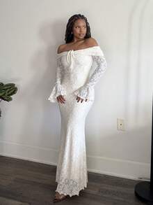 Tyla Gomez Women Off Shoulder Long Sleeve Front Tie Bodycon Dress,New Years Dress Women,New Year Party Dress,Valentine's Day,Tea Party Dress,White Graduation Dress - Beige - View 1