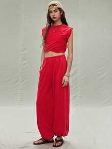 SoleilVie Women's Solid Color Stand Collar Asymmetric Hem Cap Sleeve Top And Lantern Pants Casual 2 Pieces Set Red Two Piece Outfit Women Red Casual Set Women Red Crop Top And Pants Set Red Wide Leg Pants Women Red Sweatpants Women Red Pants And Top Set - Red - View 6
