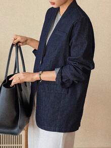 DAZY Women's V-Neck Loose Long Sleeve Casual Denim Jacket - Dark Wash - View 6
