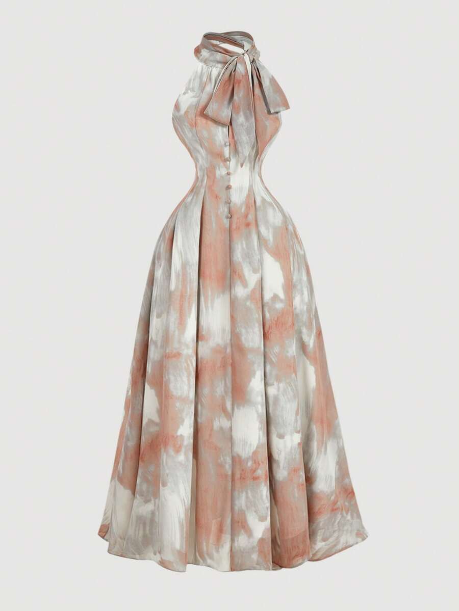 SHEIN MOD 紫色扎染无袖连衣裙，立领，腰部系带 - 粉色 - 查看 1