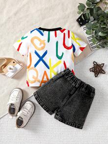 Baby Boy Letter Print Short Sleeve T-Shirt And Distressed Denim Shorts Set - Black - View 2