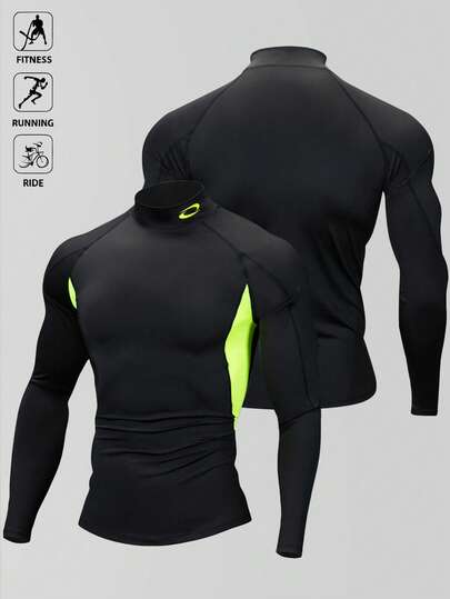 Manfinity Sport Polished 撞色图案印花修身长袖运动T恤