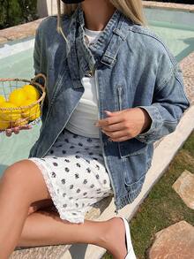 DAZY 女士翻领长袖宽松休闲牛仔外套 - 中等水洗藍 - 查看 4