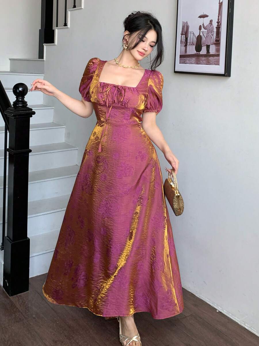 DAZY 女士方领泡泡袖短袖优雅收腰特制面料连衣裙 - 玫紅色 - 查看 1