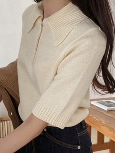 DAZY 女士休闲 Polo 领短袖毛衣，柔软舒适的针织上衣