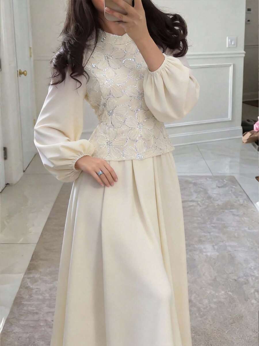 Modelyn Women's Mesh Beaded Embroidered Asymmetrical Hem Long Sleeve Dress - Beige - View 1