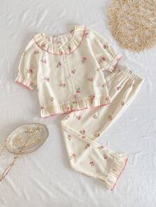 Conjunto de 2 piezas de ropa de estar en casa con cintura elástica y volantes con estampado floral para niñas - Albaricoque - Ver 1