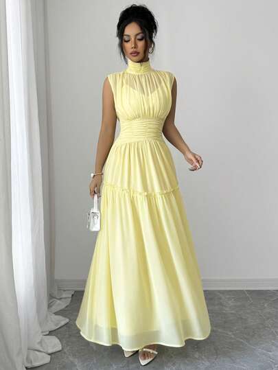 Elenzga Vestido maxi de mujer de unicolor de gasa con cuello alto, fruncido en el cuello delantero, plisado, corte evasé, con volantes románticos, cintura elástica, espalda descubierta, sin mangas, de estilo vintage francés elegante, adecuado para oficina, viajes, negocios, casual, playa, citas, bodas, primavera/verano