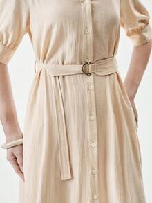 Aalyst 女士纯色V领单排扣优雅收腰中长连衣裙，适合派对和活动 - 卡其色 - 查看 4