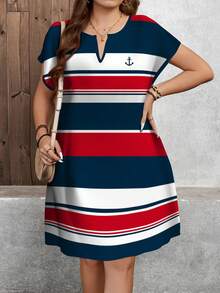 SHEIN LUNE 休闲简约航海条纹图案宽松短袖加大码女式夏季连衣裙 - 彩色 - 查看 6