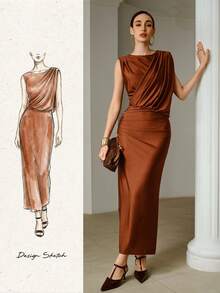 ZEYLAH 不对称褶皱修身长款连衣裙，春夏款 - 咖啡棕 - 查看 1