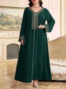 Al Najma Plus Size Women's Turkish Maxi Dress & Arabic Traditional Abaya - Dark Green - View 4