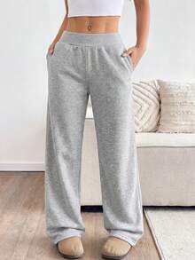 Flirla 女士灰色罗纹腰带低腰口袋直筒阔腿运动裤，秋冬时尚，适合教师、学生、毕业典礼、休闲、街头风、日常穿着，简约百搭 - 灰色 - 查看 3