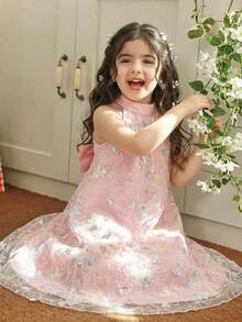 Girls' Elegant Bowknot Colorful Beaded Mesh Sleeveless Party Dress,Pink Summer Flower Girl Dress For Party,Gathering,Outing,Traditional Arabic Style - Multicolor - View 5