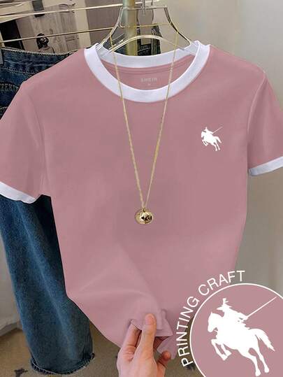 Franclia Women's Color Block Knight Print Short Sleeve Casual Versatile Round Neck T-Shirt