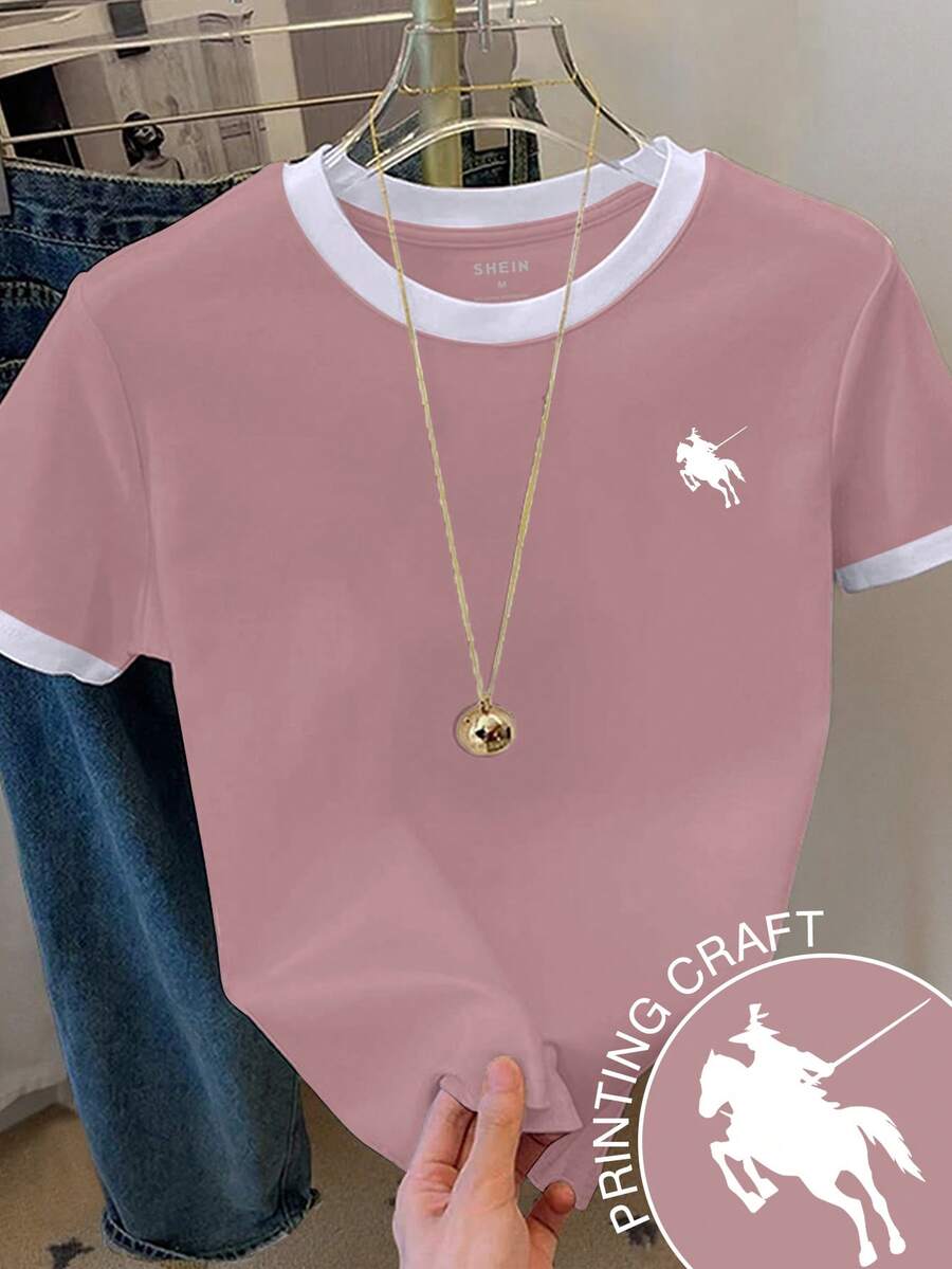 Franclia Kaos Wanita Lengan Pendek Motif Ksatria Blok Warna Kasual Serbaguna Kerah Bulat - Berwarna merah muda - View 1