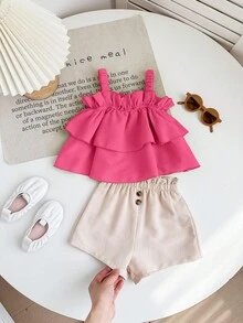 女宝宝可爱夏季度假荷叶边吊带上衣和短裤套装 - 彩色 - 查看 3