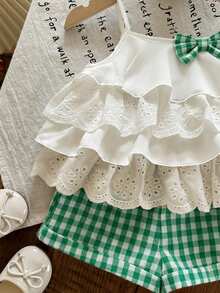 SHEIN LMoss Kids 女宝宝夏季可爱度假荷叶边吊带背心和格子短裤套装 - 綠色 - 查看 4