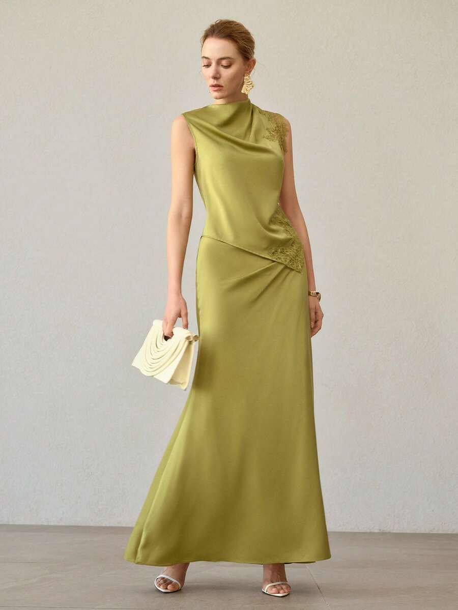 MOTF PREMIUM ELEGANT SATIN & CONTRAST LACE TOP, SPRING/SUMMER - Green - View 1