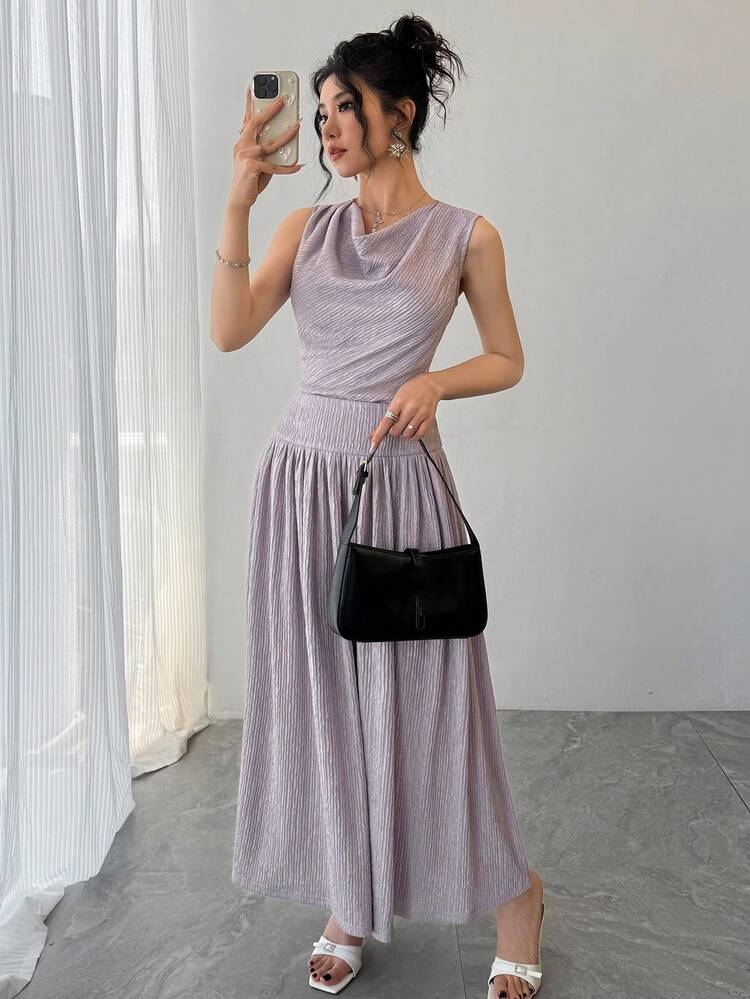 Women's Elegant Plisse Sleeveless Top And Flared Hem Skirt 2 Pieces Set