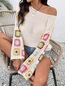 Breezaya 女士碎花图案落肩长袖宽松毛衣 - 米色 - 查看 1