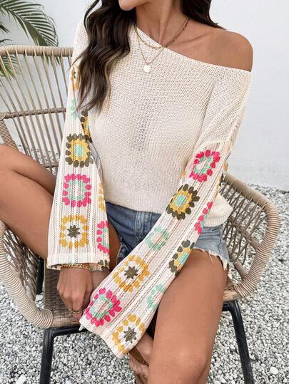 Breezaya Women's Floral Pattern Dropped Shoulder Long Sleeve Loose Sweater