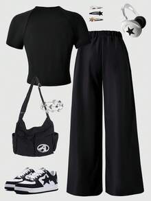 SHEIN 2件套少女反光印花短袖T恤，反光休闲裤套装 - 黑色 - 查看 2