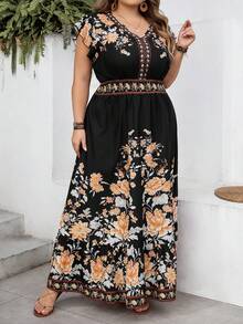 SHEIN CURVE+ Curve 尺码 US22 音乐节、海滨度假、波西米亚风 V 领短袖荷叶边下摆复古印花连衣裙 波西米亚风连衣裙 - 彩色 - 查看 9