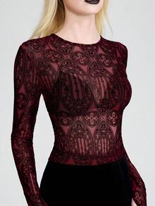 Breakform Áo nữ phong cách Gothic tối màu, chất liệu lưới nhung họa tiết rắn, cổ tròn, tay dài, ôm sát, gợi cảm, thích hợp cho đi chơi hàng ngày và các lễ hội. - Đỏ và đen - Xem 4