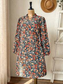 EMERY ROSE Plus Size Women Notched Neck Floral Print Casual Long Sleeve Dress - Multicolor - View 4
