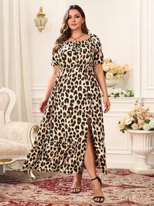 EMERY ROSE Chic Plus Size Leopard Print Midi Dress Off Shoulder Bishop Sleeve Slit Hem A Line Casual Style - Multicolor - View 10