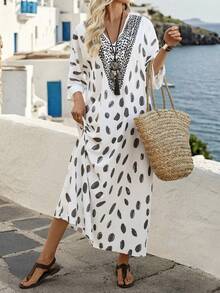 SHEIN Holidaya Women's Bohemian V-Neck Floral Print Loose Casual 3/4 Sleeve Dress, Spring/Summer - Apricot - View 4