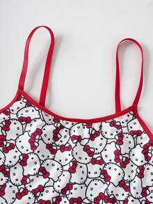 HELLO KITTY AND FRIENDS | SHEIN 女士可爱猫咪印花圆领吊带背心和内裤套装，舒适 - 紅白色 - 查看 7