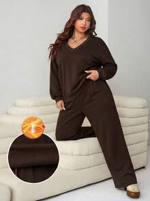 Solflare Conjunto informal de 2 piezas de mujer talla grande con top de manga larga y cuello en V sólido y pantalones de pierna ancha - Marrón Chocolate - Ver 6